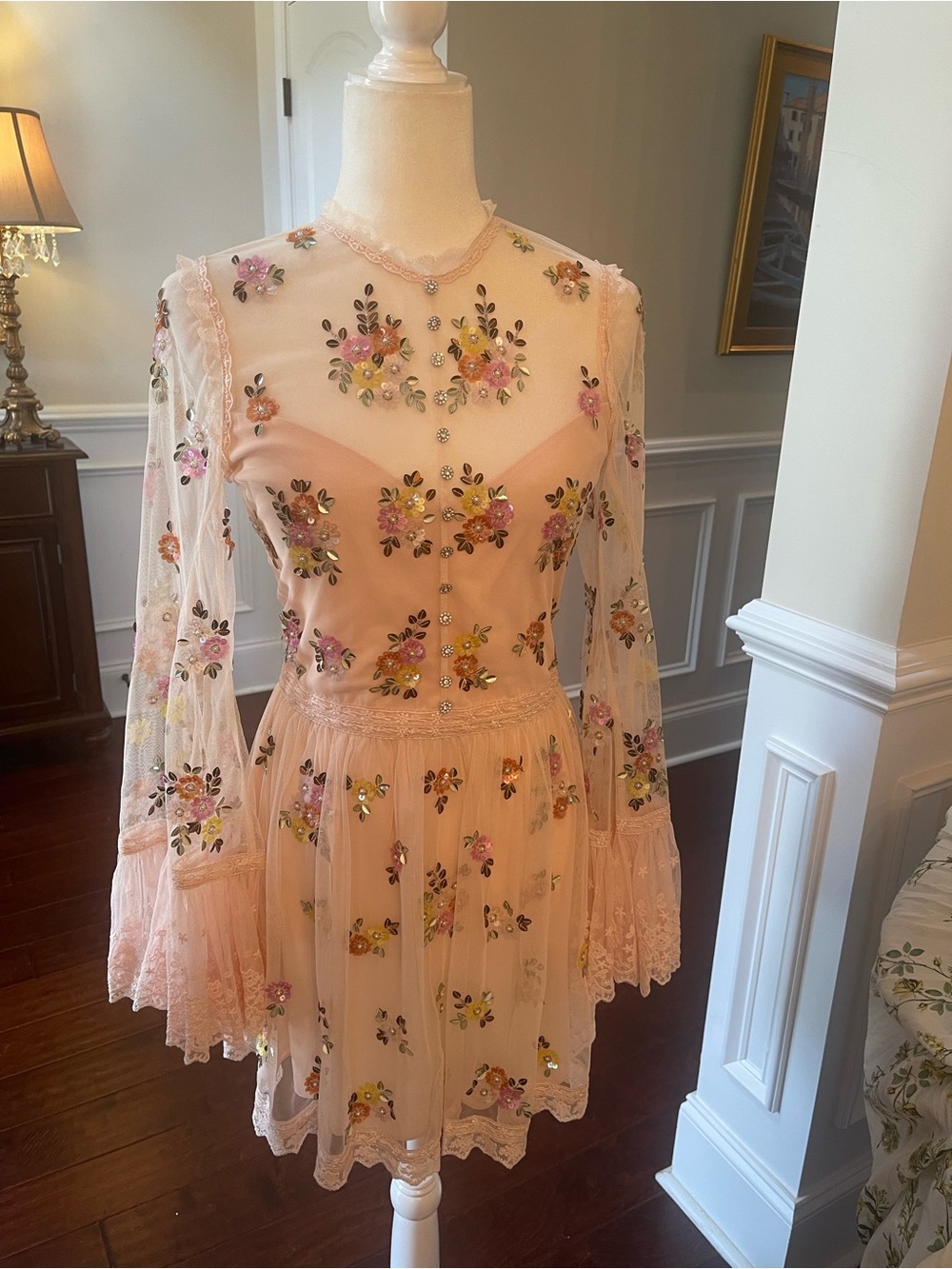 Alice + Olivia Allegra Embellished Lace Mini Gown Pale Pink NWT US 10 - Picture 2 of 16